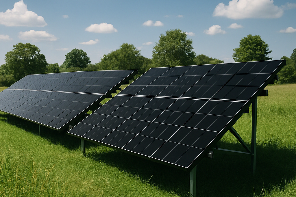 Drie zonnepanelen staan op een groene weide onder een heldere blauwe lucht.